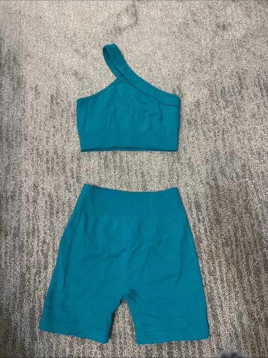 Amazon Other - Amazon Teal One-Shoulder Crop Top and High-Waist Biker Shorts Set